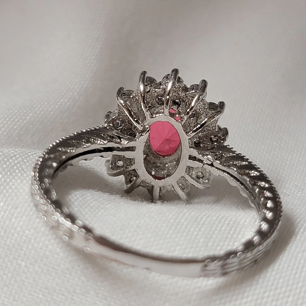 Gorgeous Halo Ruby and White Sapphire Simulated Stone Silver Tone Ring